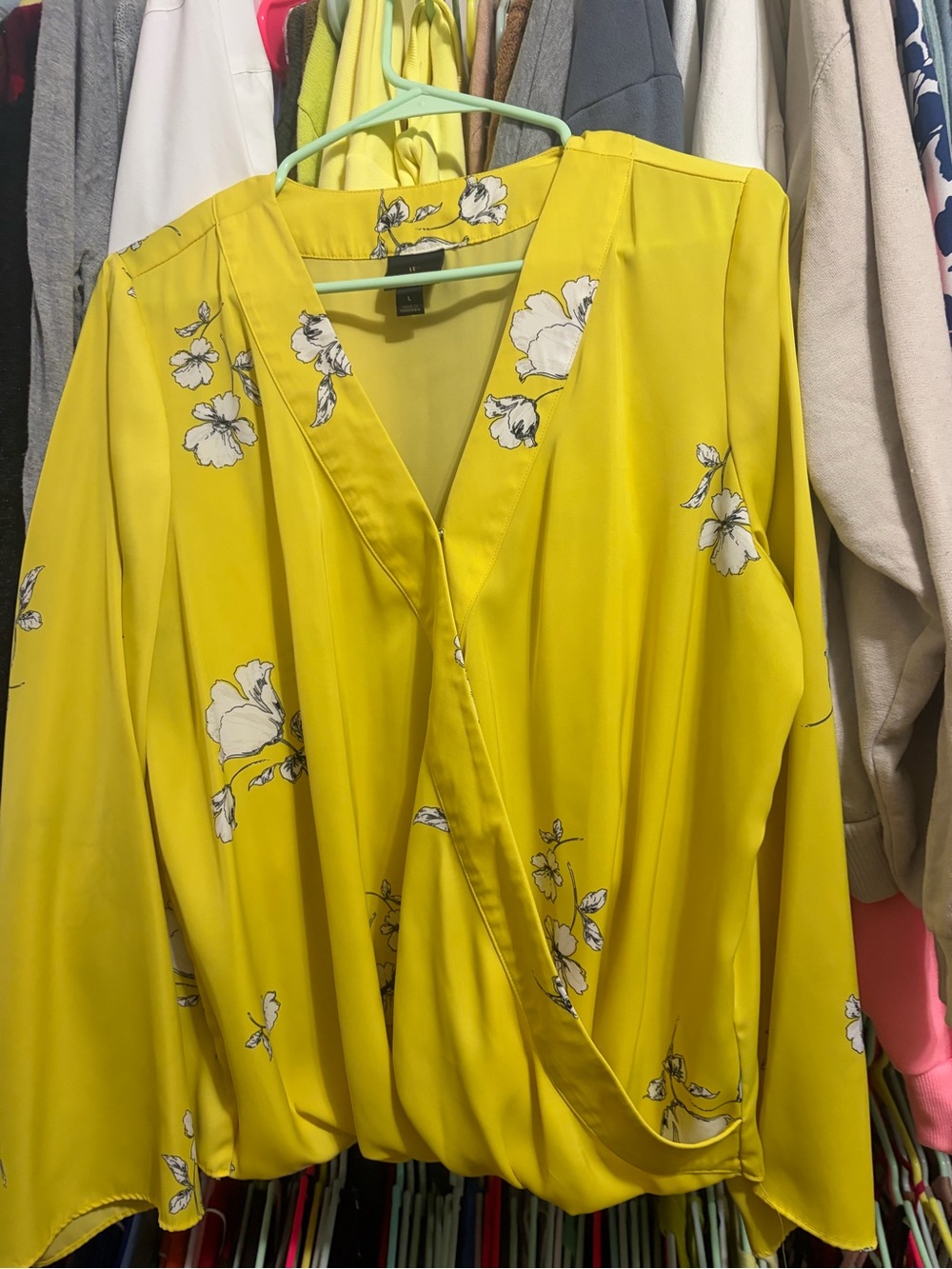 Worthington Yellow Floral Wrap-Style Blouse